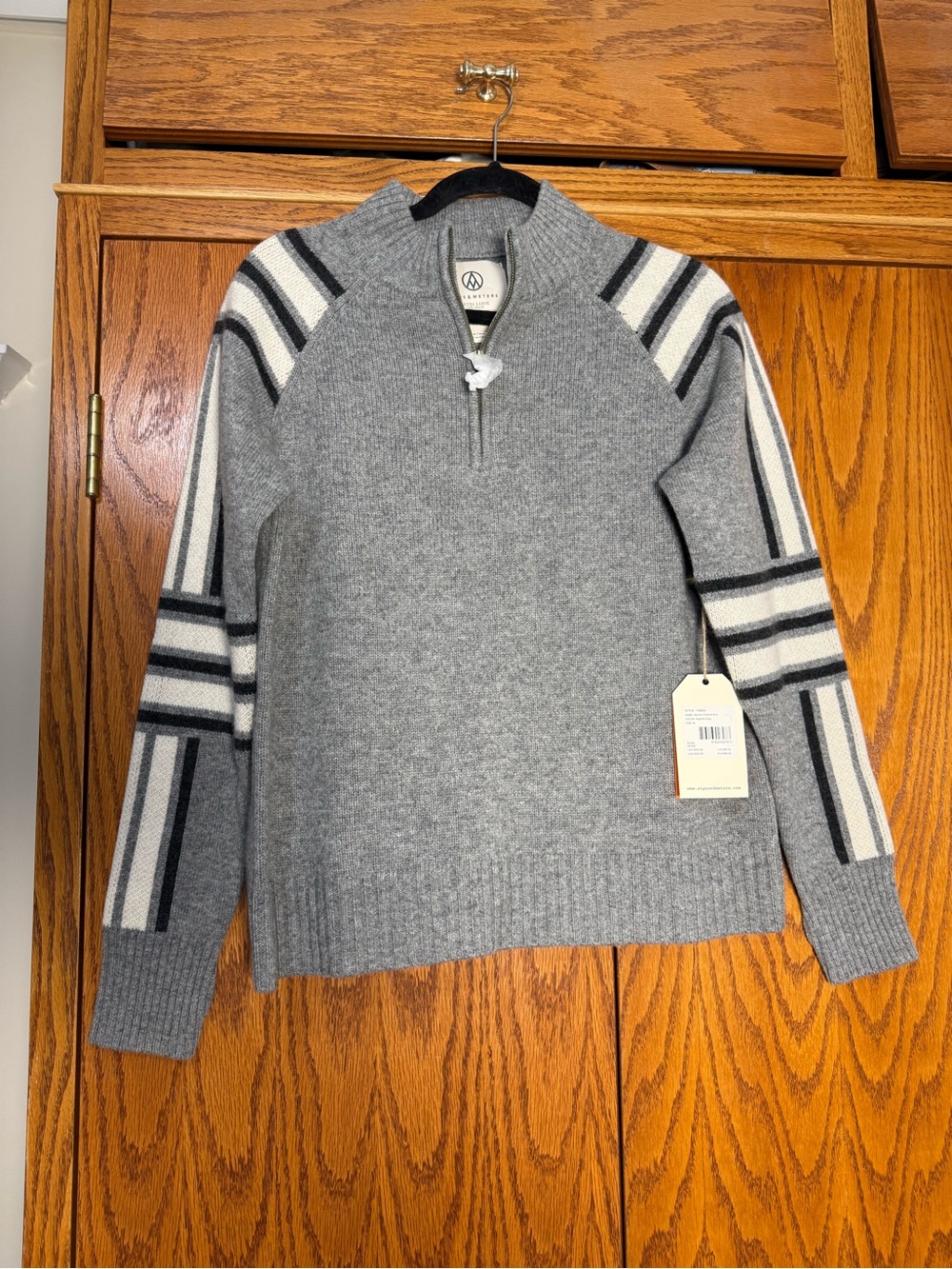 Modern Grey Half-Zip Sweater with Contrast Stripe Sleeves